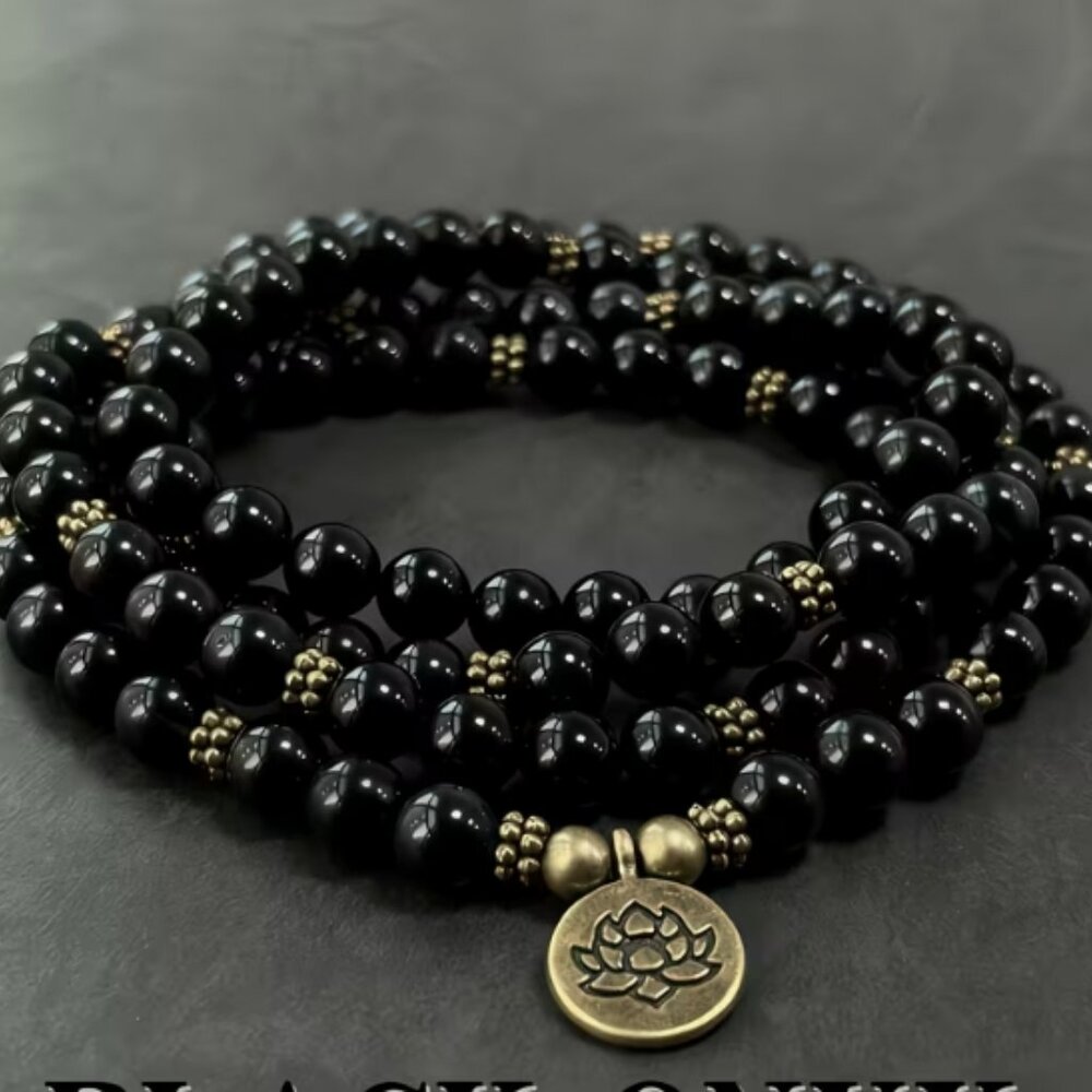 Natural Obsidian Stretch Mala Necklace/Bracelet w/ Brass beads & Symbolic Charm.